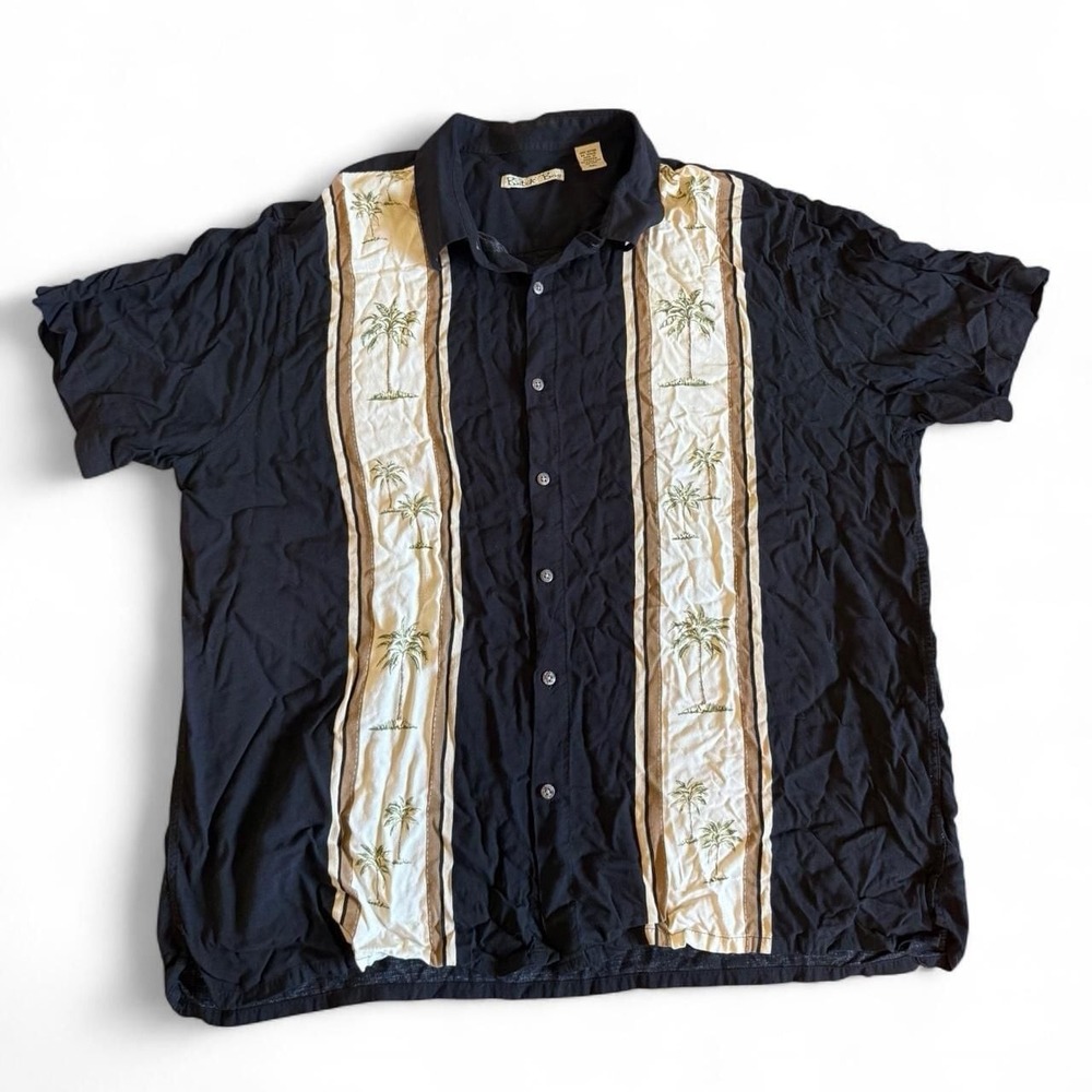Vintage Batik Bay Black & Cream Palm Tree Striped Rayon Shirt XXL Y2K